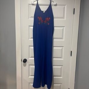 ODDY Blue Jumpsuit with Red Floral Embroidery